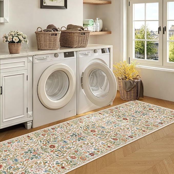 3x10 Washable Runner Rug,Beige Floral Boho Area Rug for Hallway,Low-Pile Non-Slip Stain Resistant Long Carpet for Kitchen, Bedside,Laundry Room,Entryway