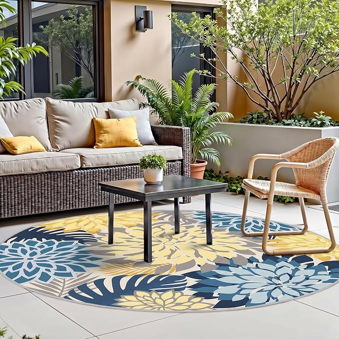 Colorful 6FT Outdoor Round Area Rug Washable Rugs Multicolored Patio Rug Tropical Botanical Floral Chenille Waterproof Outdoor Carpet for RV, Pool Deck, Backyard, Porch, Ocean Dahlia