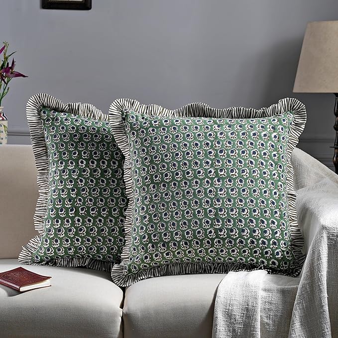 Ridhi Block Print Basil Green Throw Pillow Cover 24" x 24" (Pack of 2) Decorative Cushion Covers with Ruffle for Couch, Sofa, Bed, Living Room, Home Decor Gift for Spring, Easter, Valentine