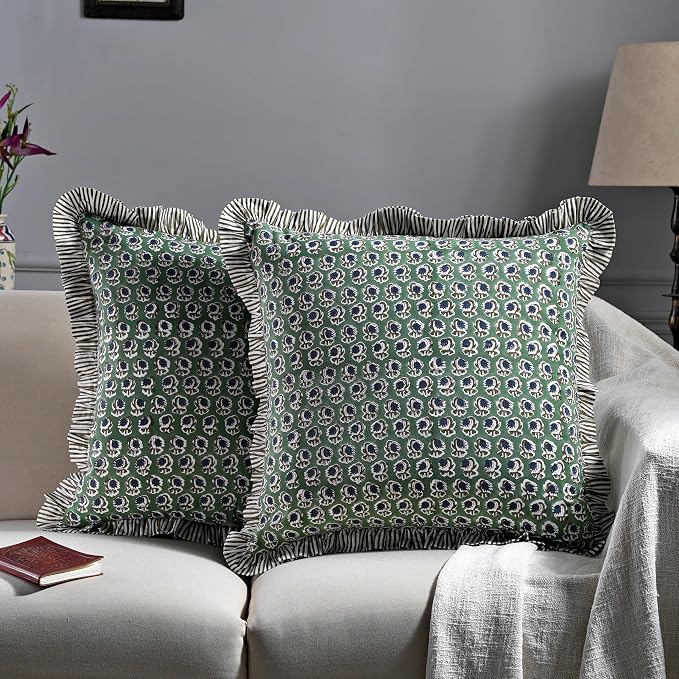 Ridhi Block Print Basil Green Throw Pillow Cover 18" x 18" (Pack of 2) Decorative Cushion Covers with Ruffle for Couch, Sofa, Bed, Living Room, Home Decor Gift for Spring, Easter, Valentine