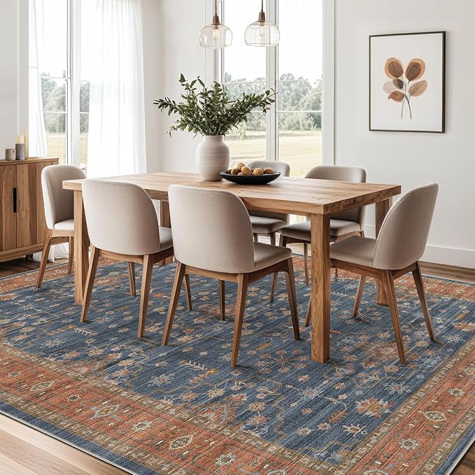 10x14 Area Rug for Living Room- Machine Washable Soft Oriental Vintage Large Indoor Floor Carpet for Bedroom Under Dining Table Home Office Decor - Blue Terracotta
