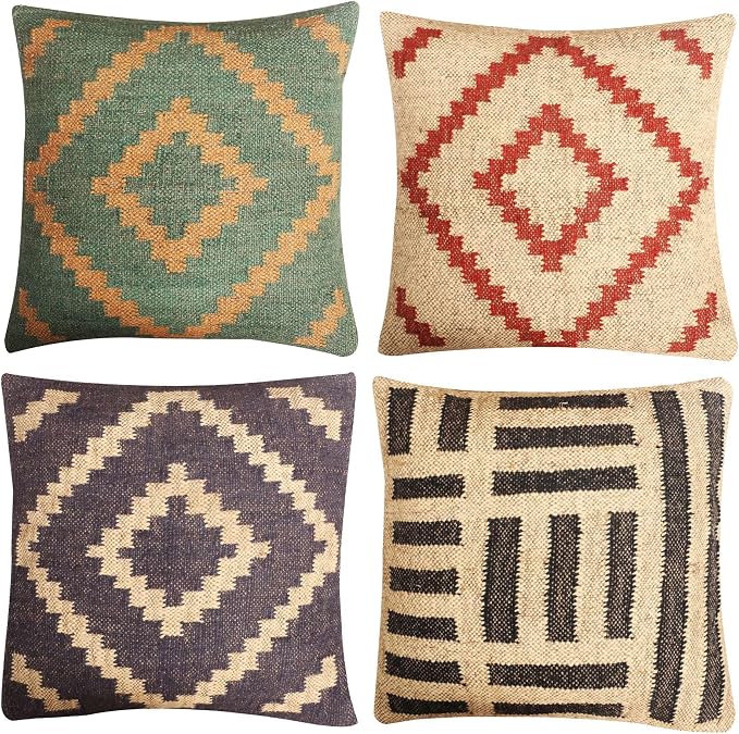 Set of 4 Geometric Wool Jute Square Throw Pillow Covers -Decorative 18 x 18 Inches Multicolour Cushion Covers Perfect for Sofa/Couch/Bed/Home/Outdoor/Car (Multicolour - 02)