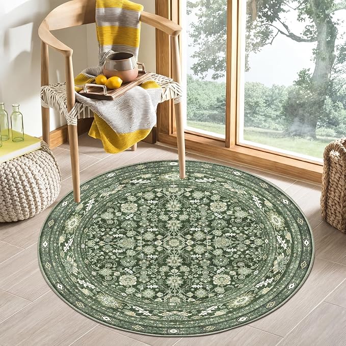 OPPODREAM Low-Pile Area Rugs, Faux Wool Carpet for Living Room, Kitchen, Office, Dorm, Bedroom, Vintage Washable Rug Non Slip, Dark Green, 3'
