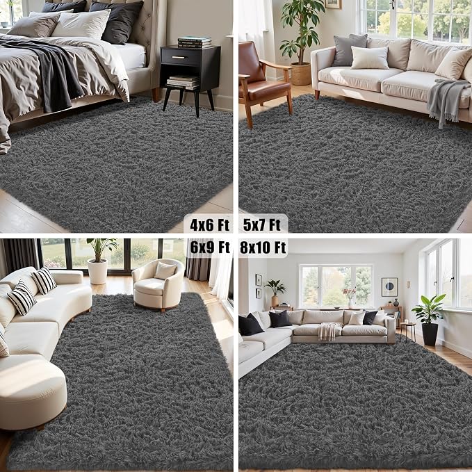 4x6 Area Rug for Living Room:Ultra Soft Fluffy Shag Dark Grey Rugs,Large Fuzzy Plush Indoor Non Slip Carpet Washable Rug for Bedroom Kids Nursery Office Dorm Modern Decor(Dark Grey 4'x6')