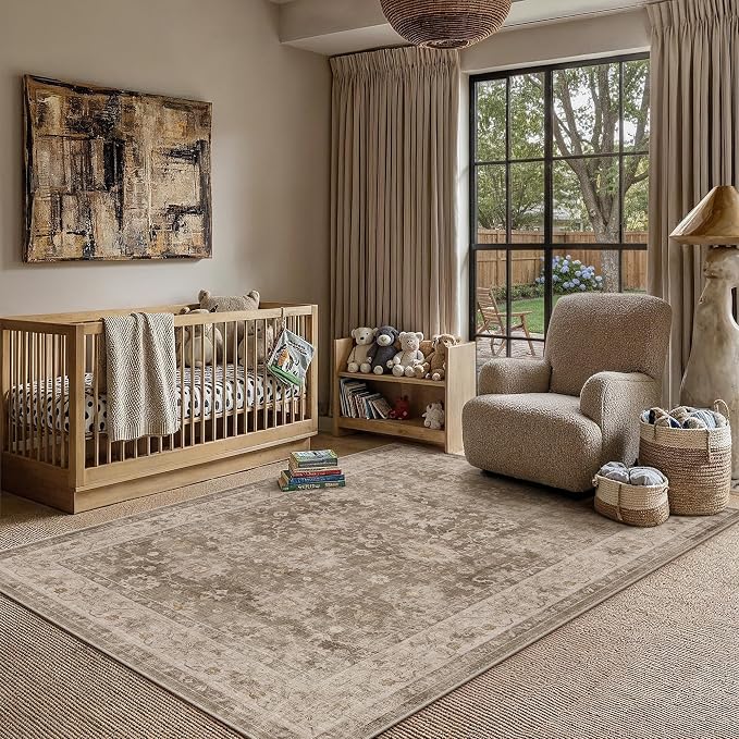 HUGEAR 5x7 Area Rug Taupe Machine Washable Rug Room Decor Vintage Distressed Living Room Rugs Non Slip Low Pile Soft Carpet for Bedroom Office Dining Room Soft Lightweight