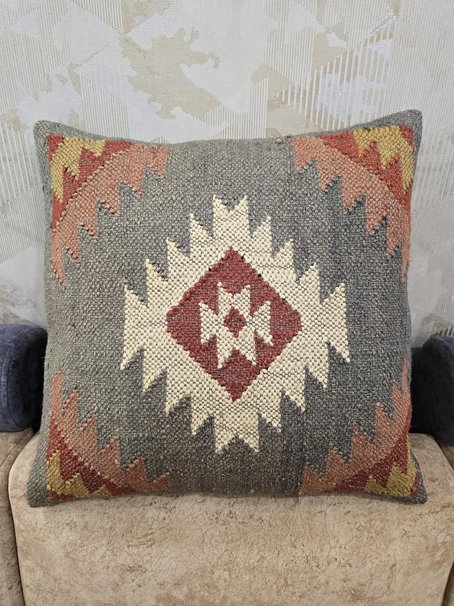 Kilim Pillow Cover Set of 4, 18 x 18 inches Wool Jute Cushion Cover, Handwoven Boho Vintage Decorative Throw Pilllow Case for Living Room & Bedrooms (D4-Set of-4)