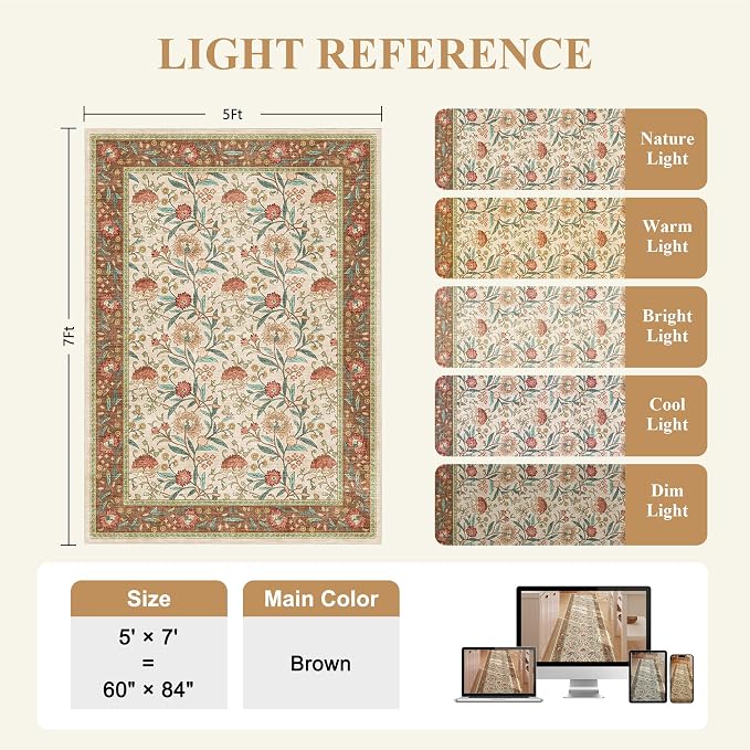 DUKINO 5x7 Area Rugs, Vintage Floral Washable Rug for Living Room, Brown | Non Slip, Low Pile, Non-Shedding, Stain Resistant Lightweight Boho Soft Carpet for Bedroom Home Office Dining Room Farmhouse