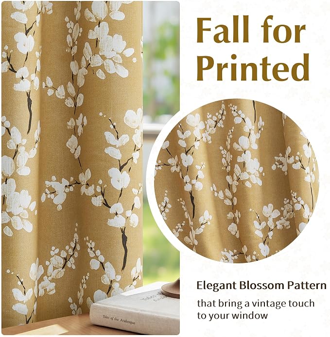 FMFUNCTEX 100% Blackout Yellow Floral Curtains 96 Inch Grommet 2 Panels | Black Out Drapes,Thermal Insulated Cottage Farmhouse, Blossom Patterned Extra Long Curtain for Bedroom, Living Room Darkening