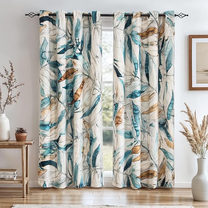 SUBRTEX Light Flitering Curtains 52Wx63L, Room Darkening Vibrant Floral Drapes, 50% Blackout, Semi Sheer Boho Farmhouse Curtains for Living Room, Blue