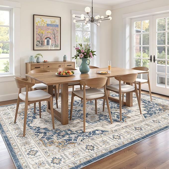 befbee 5x7 Area Rug for Living Rooms, Stain Resistant Neutral Washable Rugs for Dining Rooms, Floral Vintage Non-Slip Thin Large Size Area Rugs(Blue)
