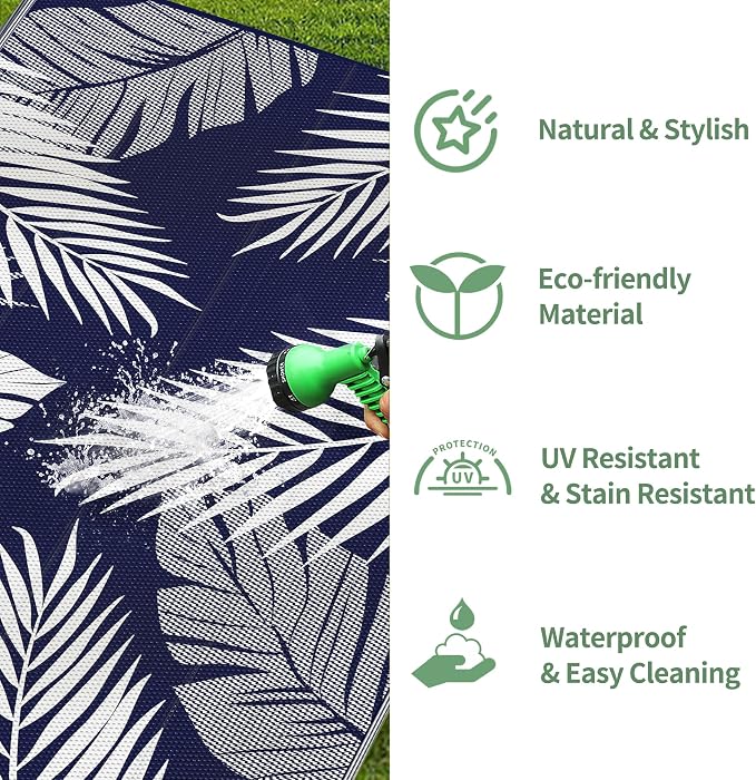 GENIMO Outdoor Rug, Waterproof Plastic Rugs for Patio, 9'x12' Blue White | Outside Larger Leaf Carpet Mat for Porch Decor, Deck, Balcony, Camping, RV, Backyard, Picnic, Beach, Reversible, Foldable