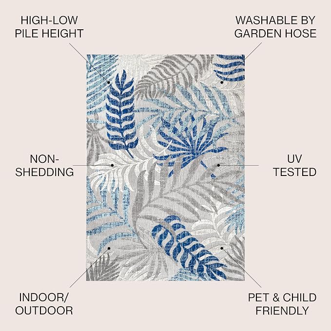 JONATHAN Y Tropics Palm Leaves Indoor Outdoor Area Rug 8X10 Gray/Blue | Ships Rolled, Durable Flat Weave, Lays Flat for Backyard, Patio, Porch, Easy-Cleaning, High Traffic,Pet-Friendly,Non-Shedding