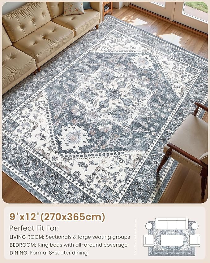 9x12 Vintage Area Rug: Washable Neutral Soft Non Slip Thin Large Floor Carpet for Living Room Bedroom Kitchen Dining Room Home Office Farmhouse Indoor - Blue