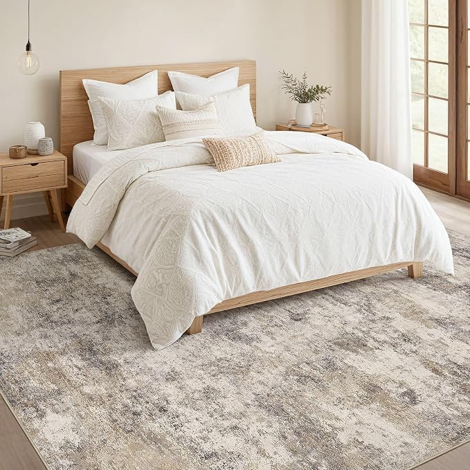 Nakagishi 9x12 Area Rugs Living Room: Washable Abstract Large Neutral Soft Rug Stain Resistant Modern Indoor Floor Non-Slip Carpet for Bedroom Nursery Kids Playroom Office Dining Room Dorm- Brown Grey