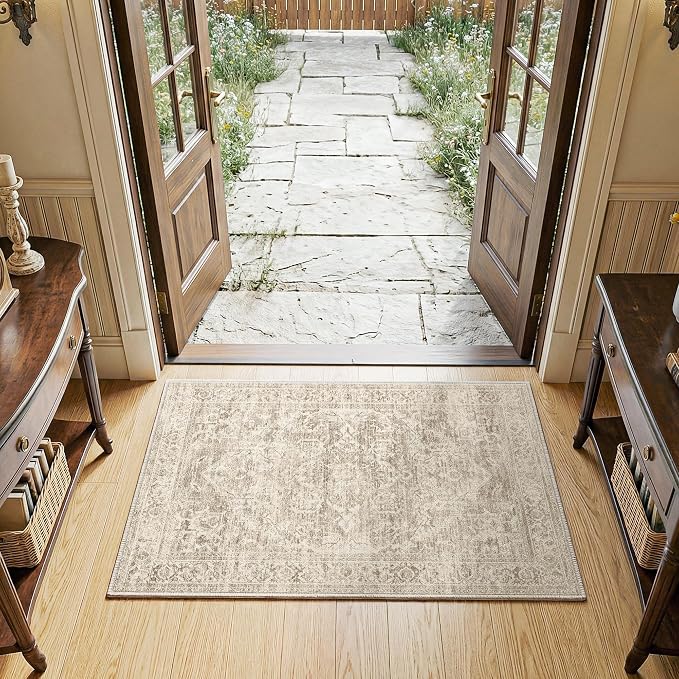 FMFUNCTEX Entryway Rug 2x3 Washable Brown Vintage Distressed Oriental Door Mat Non Slip Low Pile Indoor Carpet Soft Retro Small Throw Area Rugs for Entry Way Entrance Bedroom Kitchen Bathroom Laundry