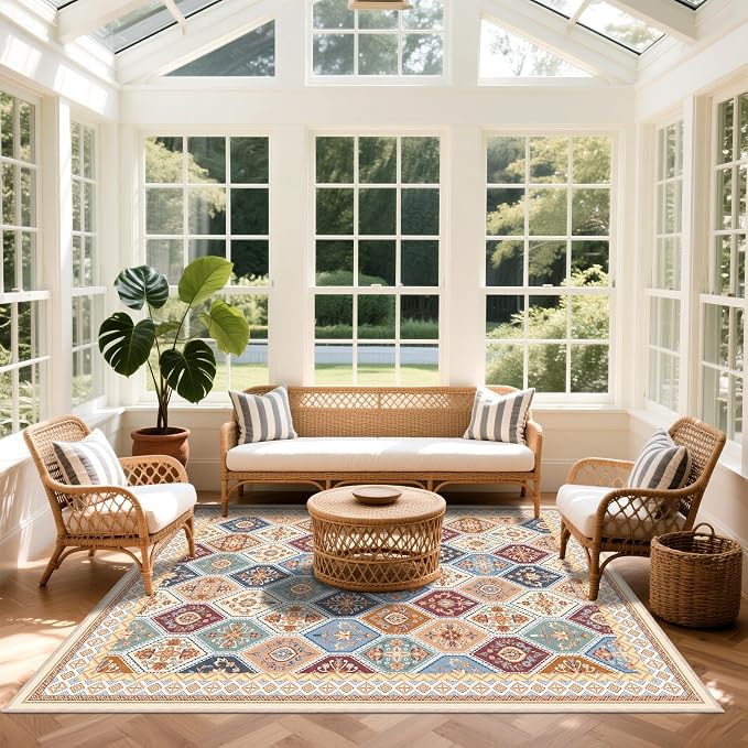 Area Rugs 9x12 Living Room, Soft Non-Slip Vintage Boho Moroccan Rug, Low-Pile Printed Washable Area Rugs Carpet for Living Room, Bedroom, Dining Room -Multi | Soft Low-Pile Printed Washable Area Rugs Carpet for Living Room, Bedroom, Dining Room - Multi