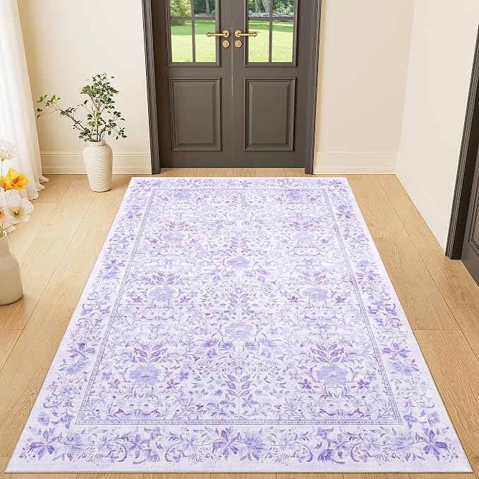 DUKINO 3x5 Rug, Washable Vintage Floral Bedroom Area Rug Non Slip, Purple | Low Pile, Non-Shedding, Aesthetic Lightweight Soft Indoor Small Carpet for Bathroom Entryway Living Room Office Farmhouse