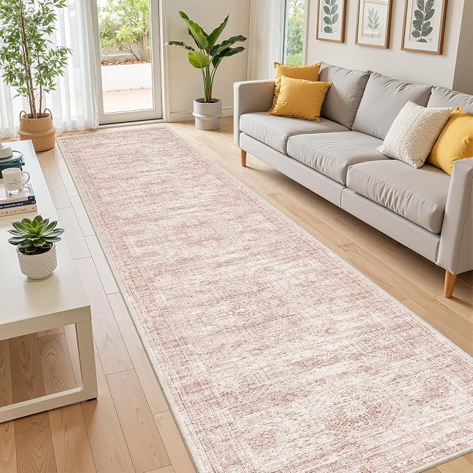 2x10 Runner Rug Non Slip,Washable Hallway Runner Rug,Pink | Long Neutral Rugs for Kitchen,Entryway,Bedroom,Bathroom,Laundry Room,Thin,Soft Runner Rug,Stain Resistant Indoor Carpet
