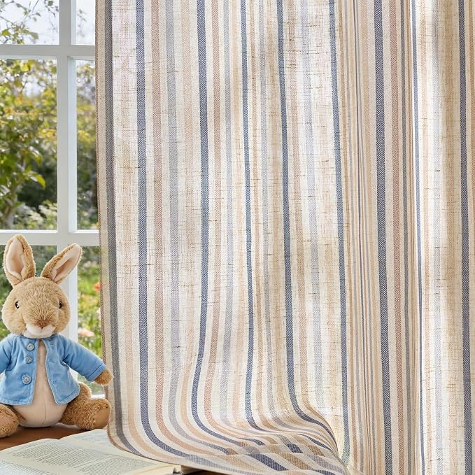 Vangao Linen Stripe Nursery Curtains for Kids Tickingstripe Light Filtering Window Curtains Colorful Pinstripe Printed Drapes 63 Inches Long for Living Room Girls Bedroom Colorful Blue 2 Panels