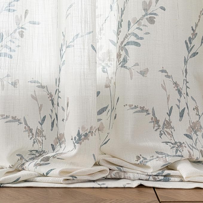 MYSKY HOME Linen Sheer Window Floral Curtains Panels Light Filtering Privacy Protect Drapes Set Farmhouse Style Texture Soft Touch Treatment Kitchen Bedroom Bathroom, 50" x 54", Navy Blue, 2 Panels