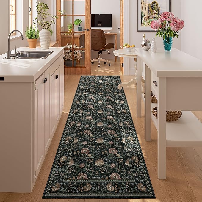 DUKINO 2.6x8 Runner Rug, Washable Vintage Floral Kitchen Runners Dark Green | Non Slip, Low Pile, Non-Shedding Soft Carpet for Hallway Bathroom Laundry Entryway Bedroom Farmhouse, Kids and Pets Friendly