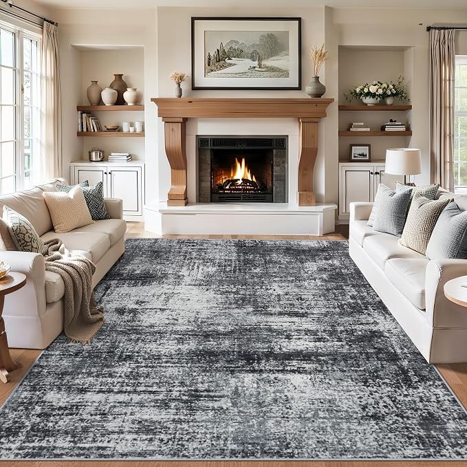 Area Rugs 9x12 Living Room - Washable Rug Modern Abstract Soft Large Neutral Non-Slip Carpet Indoor Floor Thin Carpets for Bedroom Dining Room Farmhouse Nursery Home Office Dark Black