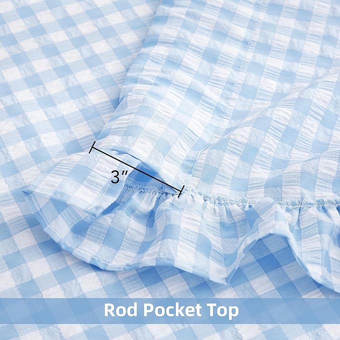 ZJDECOR Baby Blue Buffalo Plaid Ruffle Window Curtain Panels 84 Inches Long | Rustic Crinkled Not-See-Through Sheer Drapes,Shabby Chic Window Treatment,Bedroom Living Room,Rod Pocket,40"Wx84"Lx2