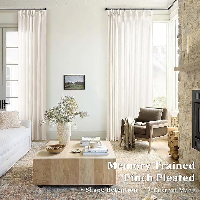 Natural Pinch Pleat Linen 120 Inch Curtains 72 Inch Width Semi Sheer | Light Filtering, Cream Ivory, Pleated Drapes, for Living Room Patio Sliding Door, Custom, Extra Wide, 72x120 Curtain Panels