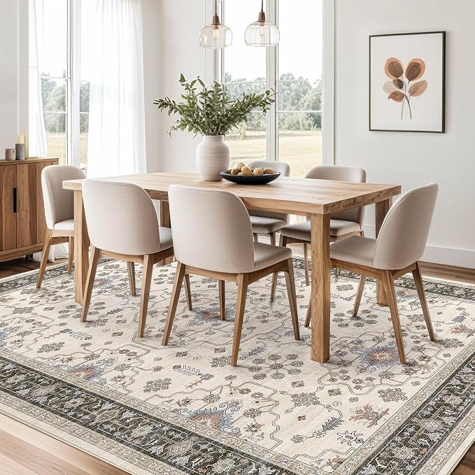 7x9 Area Rugs for Living Room - Large Carpet Ultra Thin Soft Washable Oriental Vintage Floral Distressed Big Indoor Carpets for Bedroom Nursery Dorm Home Decor Aesthetic - Brown Black