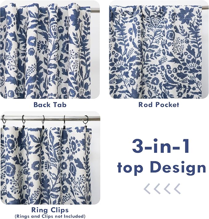 DriftAway Julia 100% Blackout Curtains Back Tab 2 Panels, W52xL96, Navy | Floral Curtains, Bedroom, Living Room, Linen Blend, Watercolor Pattern, 2 Layers, Thermal Insulated, Window Treatment