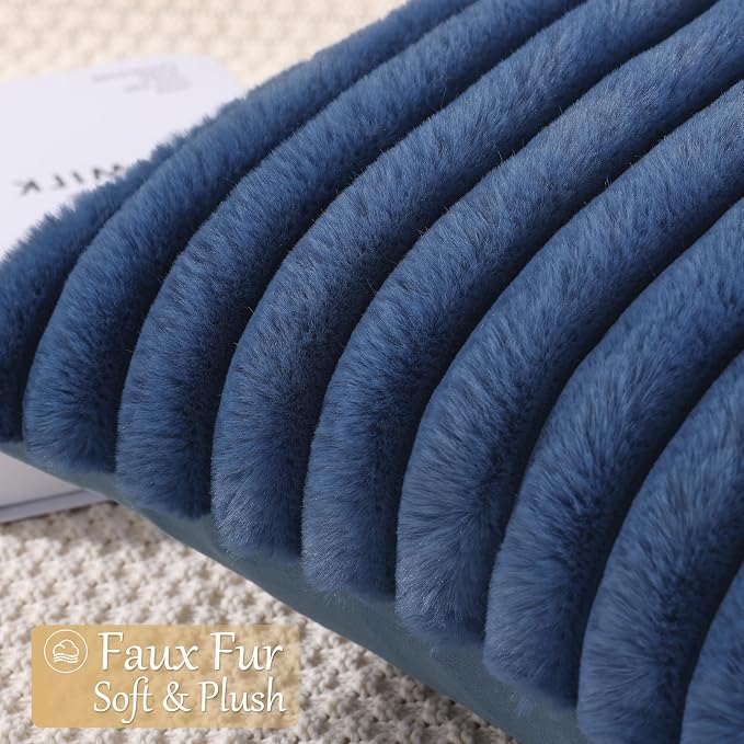 decorUhome Fall Faux Fur Throw Pillow Covers 18x18 Set of 4 Blue/Grey | Decorative Modern Farmhouse Soft Cozy Striped Pillow Cases Velvet Back for Sofa Bed Living Room Classic Accent Home Decor