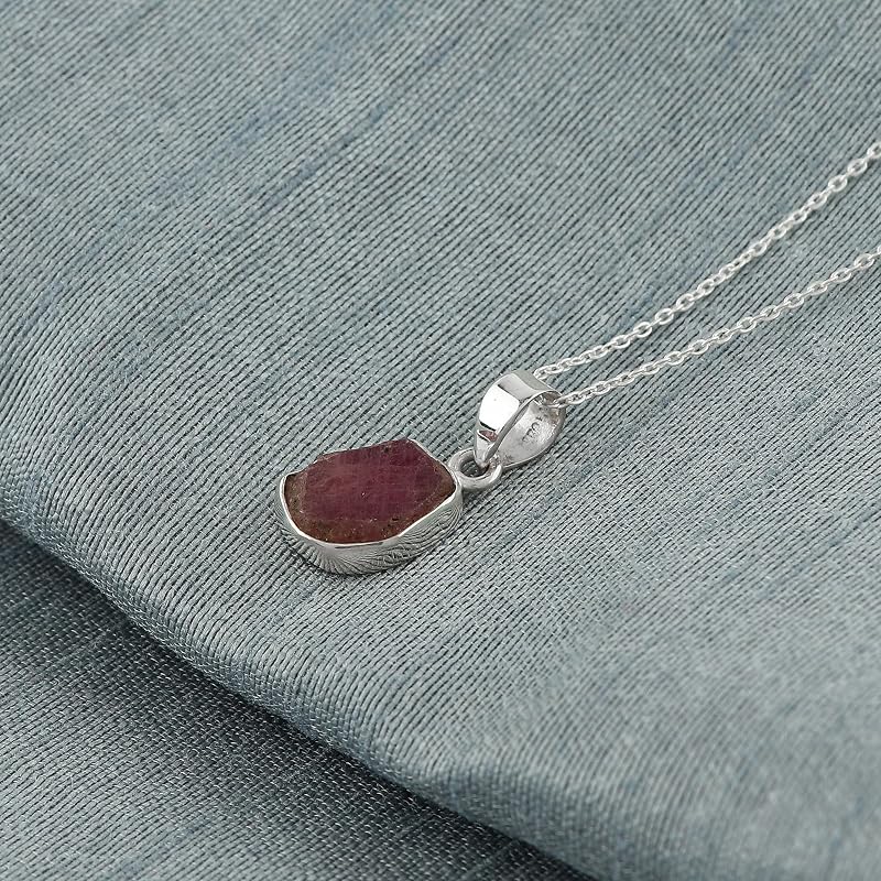 Natural Real Raw Pink Sapphire Crystals Bezel Pendant Necklace, Birthstone, Healing Rough Gemstone, 925 Sterling Silver Jewelry 18 inch (1 pendant)