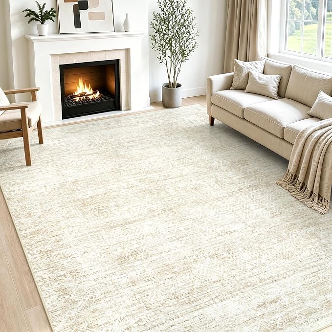 8x10 Area Rug for Living Room, Washable Moroccan Geometric Rug Soft Non-Slip Rubber Vintage Boho Large Rug, Low Pile Farmhouse Carpet for Bedroom Dining Room Nursery Modern Office (Beige, 8'x10')