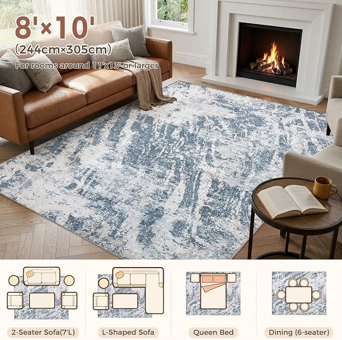 DMOYEST 8x10 Washable Area Rug: Abstract Modern Non-Slip Carpet, Soft Low Pile Indoor Neutral Easy Clean Floor Rugs for Living Room Bedroom Dining Room Kids & Pets - Blue