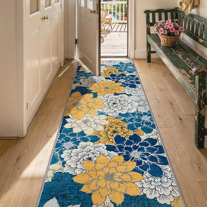 GENIMO 2’x5’ Indoor Outdoor Runner Rug for Hallway, Washable Waterproof Bedside Rugs, Non-Slip, Floral Mat Carpet for Patio, Living Room, Bedroom, Balcony, Kitchen, Deck, Porch, Navy Blue