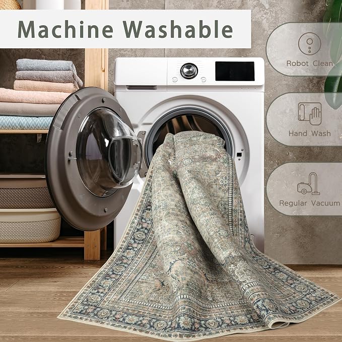 Srugn Washable Rugs 8x10 Area Rugs for Living Room,Rugs for Bedroom,Large Carpets,Ultra Soft Faux Wool Retro Dining Room Rug,Non Slip&Non-Shedding Low Pile Vintage Print Rug for Home Office,Green