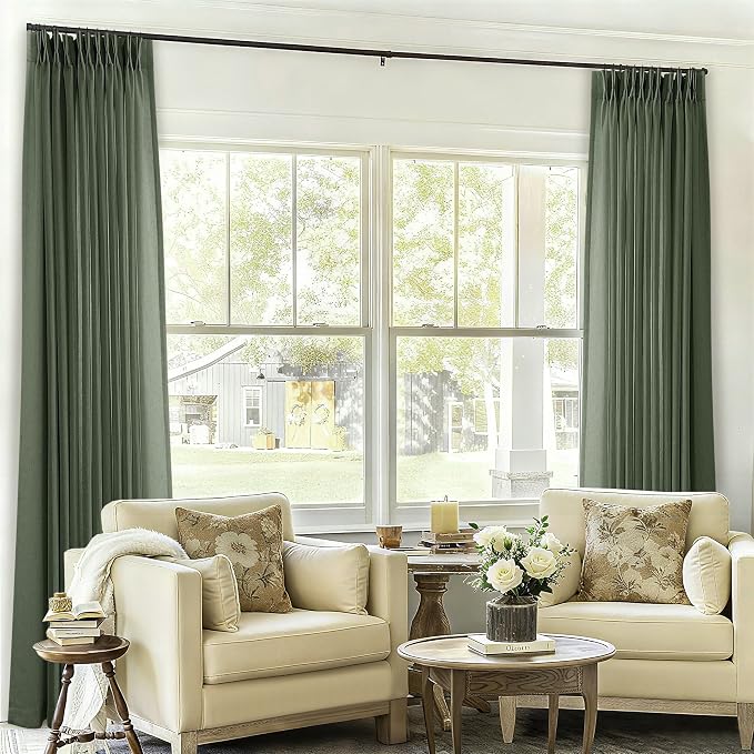 Pinch Pleated Extra Wide Curtain Panels 90 Inches Long 72 Wide Linen | Semi Sheer Drapes, for Living Room Patio Sliding Glass Door, Olive Green, 72x90 Inch Length Drapes, with Hooks Rings, 1 Panel
