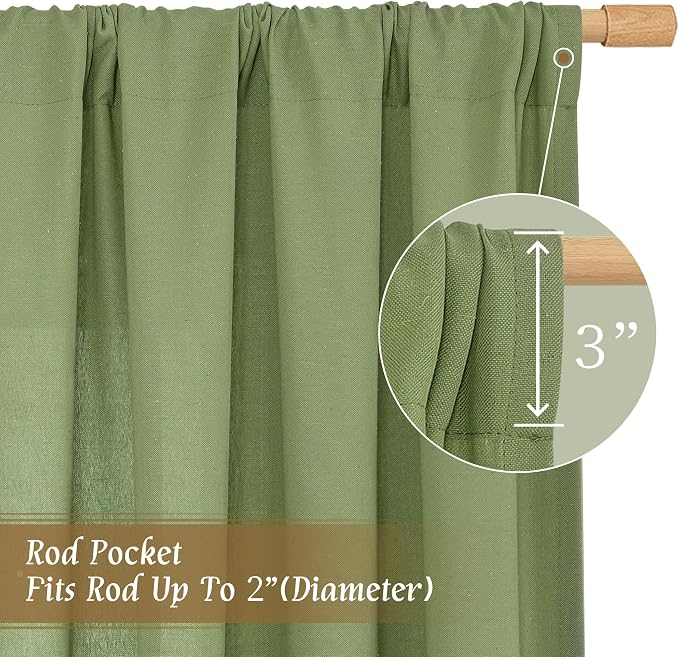 LAMIT Green Linen Curtains for Bedroom, Faux Linen Textured Light Filtering Drapes Rod Pocket Boho Neutral Room Decor Panels for Farmhouse/Living Room, 2 Panels, 52 x 72 Inch