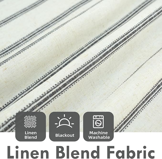 DriftAway Farmhouse Linen Stripe Blackout Curtains, W52xL84, Black | Blackout, Linen Texture, Stripe Pattern, Rod Pocket & Back Tab, Two Layers, Bedroom Living Room Use, Sound Reducing Design
