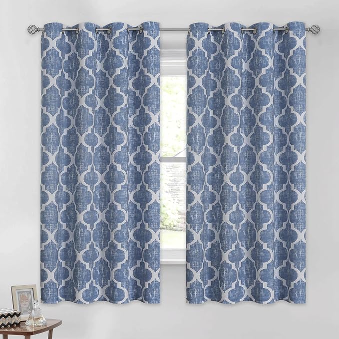 Beauoop Moroccan 100% Blackout Curtains Bedroom Blue 50x63 2 Panels | Geometric Room Darkening Drapes for Living Room 63 Inch Long Thermal Insulated Soundproof Lattice Window Treatment Grommet