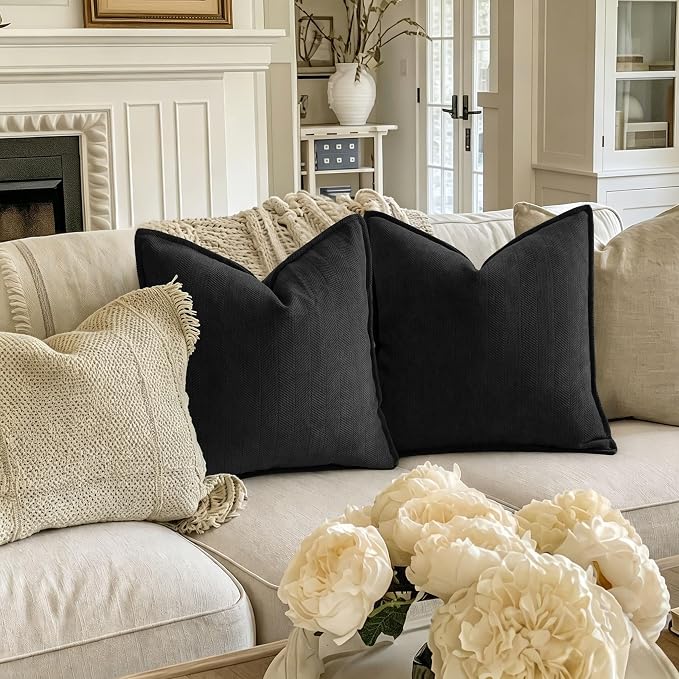 ZWJD Black Pillow Covers 16x16 Set of 2 Chenille Throw Pillow Covers with Elegant Design Soft and Luxurious Decorative Throw Pillows for Couch, Bed, and Home Decor
