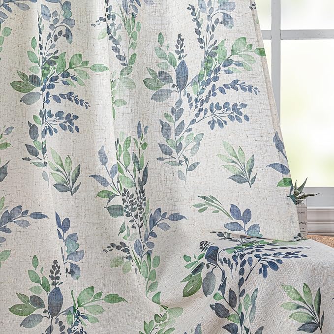 MYSKY HOME Floor to Ceiling Linen Floral Curtains 95 Inch Length 2 Panels Semi Sheer Light Filtering Farmhouse Leaf Printed Window Grommet Drapes for Dining Room, 52" W Each Panel, Green