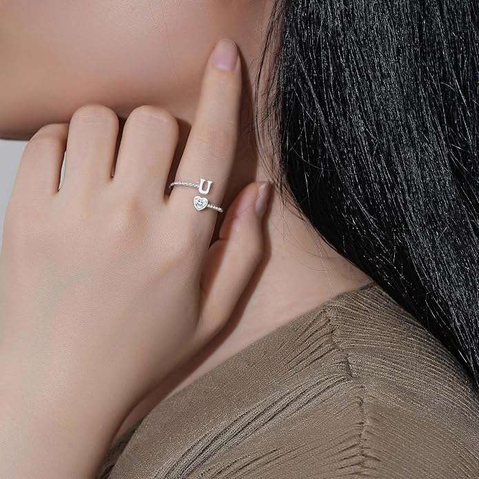 Step Forward 925 Sterling Silver Adjustable Initial Ring for Women | Non Tarnish Letter Rings for Lady | Alphabet Heart Thumb Rings | Capital Letter Jewelry Gifts