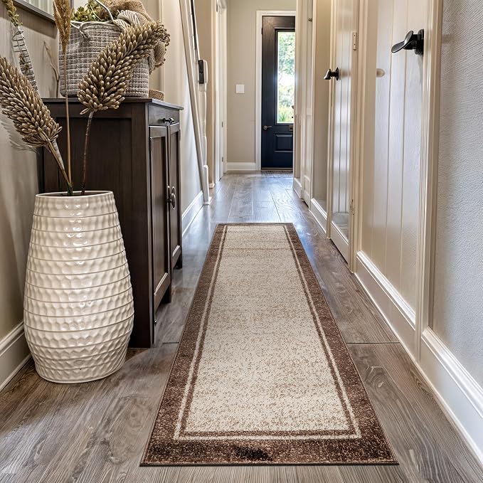 Rugshop Modern Transitional Bordered Runner Rug Low Pile Beige 2' 3" x 12'