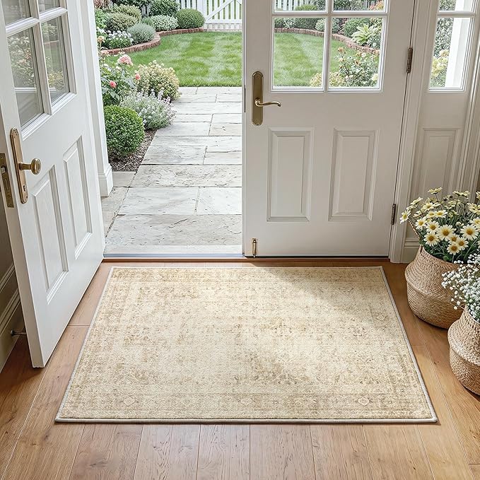 FMFUNCTEX Entryway Rug 2x3 Beige Washable Neutral Vintage Distressed Oriental Door Mat Non Slip Low Pile Indoor Carpet Soft Retro Small Throw Area Rugs for Entry Entrance Bedroom Kitchen Bathroom
