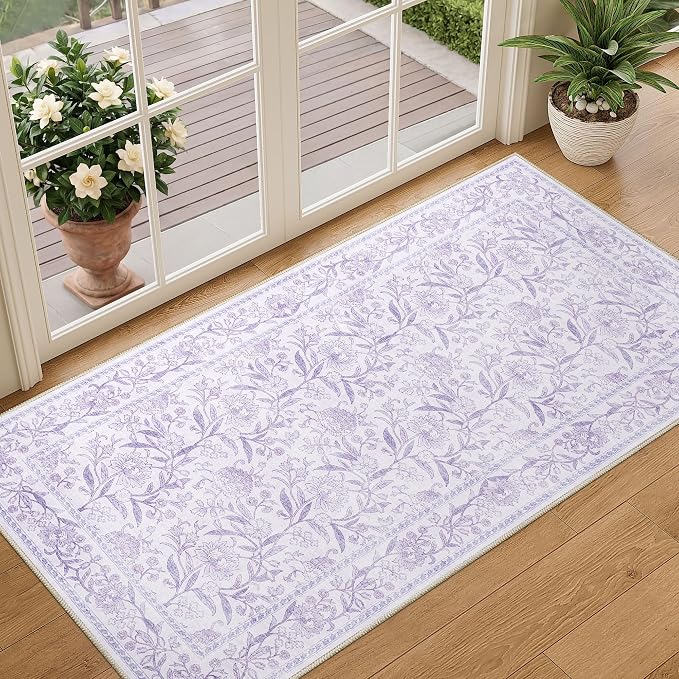 DUKINO 2x4 Rug, Washable Vintage Floral Entryway Rug Non Slip, Purple | Low Pile, Non-Shedding, Stain Resistant Boho Lightweight Soft Indoor Carpet for Kitchen Bathroom Hallway Laundry Farmhouse