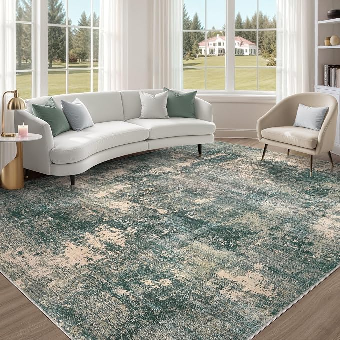 Abstract 5x7 Area Rug: Machine Washable Non Slip Ultra Thin Low-Pile Carpet, Soft Stain Resistant for Living Room Bedroom Nursery, Kid Pet Friendly, Robot Vacuum Compatible - Dark Green/Beige