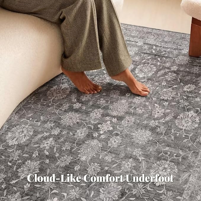 Boho Washable 9x12 Area Rugs for Living Room, Cushioned, Grey | Vintage Non-slip Neutral Oriental Rugs for Bedroom Dining Room Nursery Office High Traffic Area