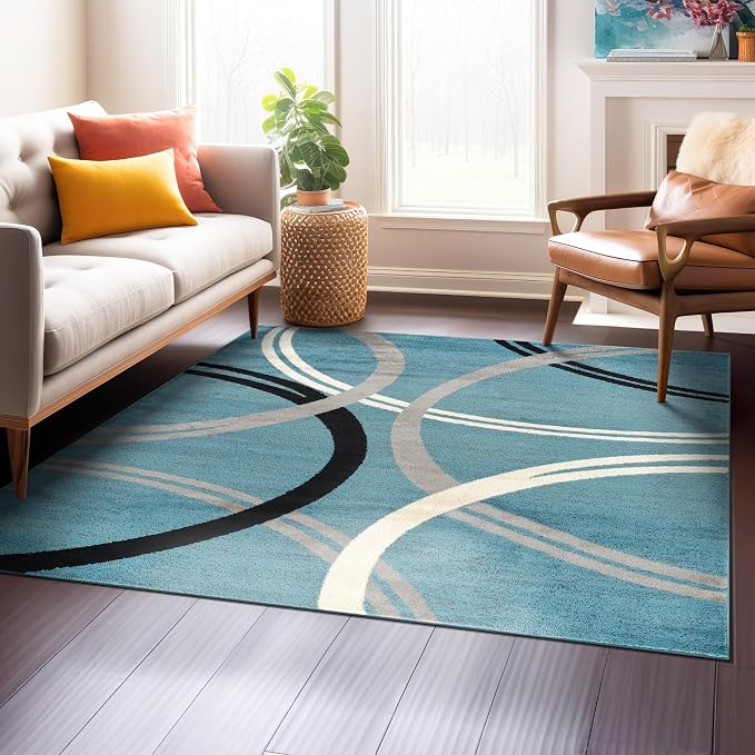 Rugshop Wavy Circles Modern Non-Shedding Square Rug Blue 6'6" x 6'6"