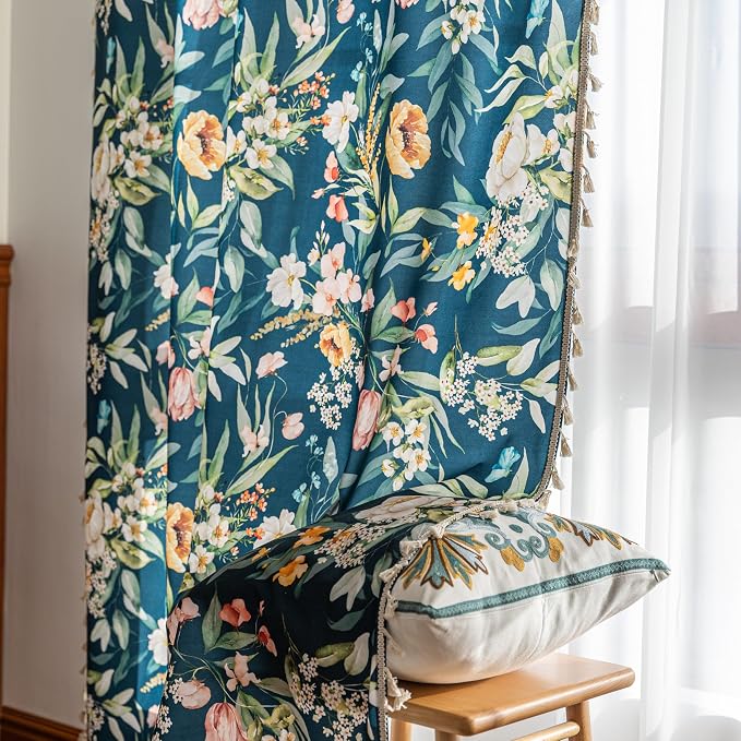 Boho Floral Curtains French Country Farmhouse Curtains 102 Inches Long Light Filtering Window Rod Pocket Drapes for Living Room 2 Panels-Navy Blue Floral